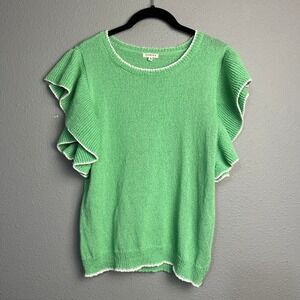 Jodifl Green Ruffle Sleeve Sweater Open Knit Top White Trim Summer Casual Medium